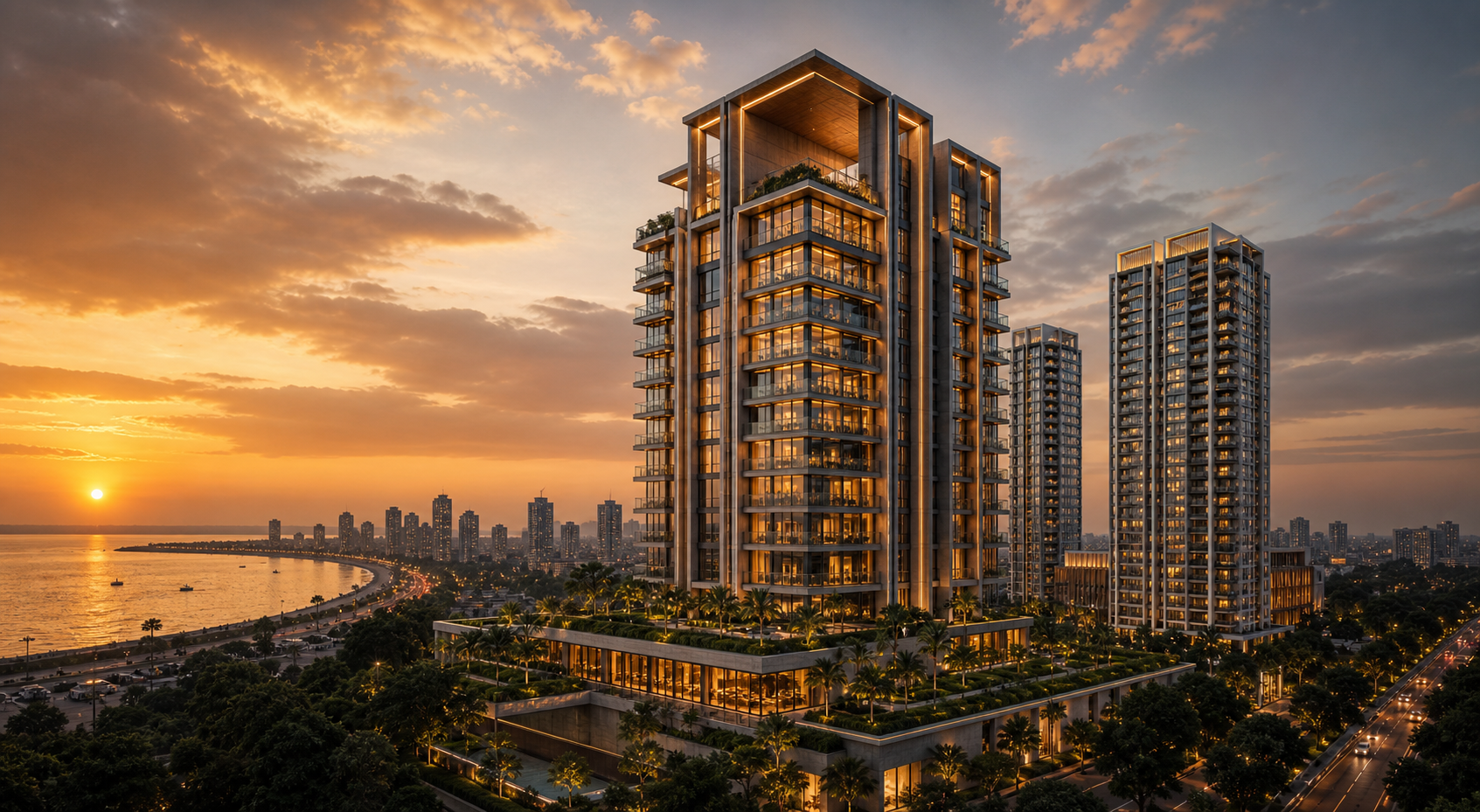 Luxury residential tower with surrounding towers and landscaped greenery at sunset